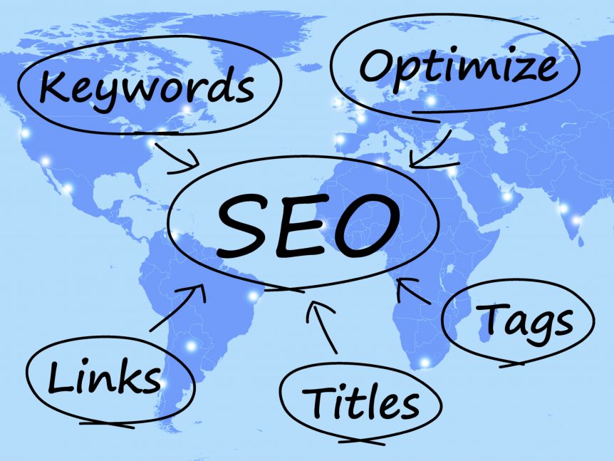 SEO diagram illustrating keywords, links, titles, tags, and optimization strategies on a world map background.