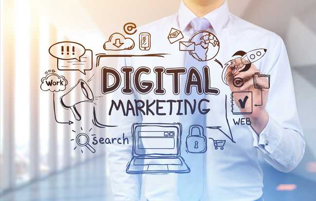 Business professional illustrating digital marketing concepts with graphics including search, web, and social media icons.