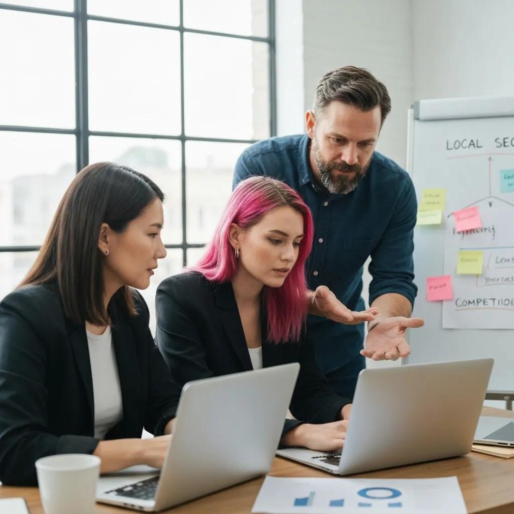 Digital marketing team collaborating on a local SEO strategy, showcasing teamwork and data analysis for enhanced small business visibility