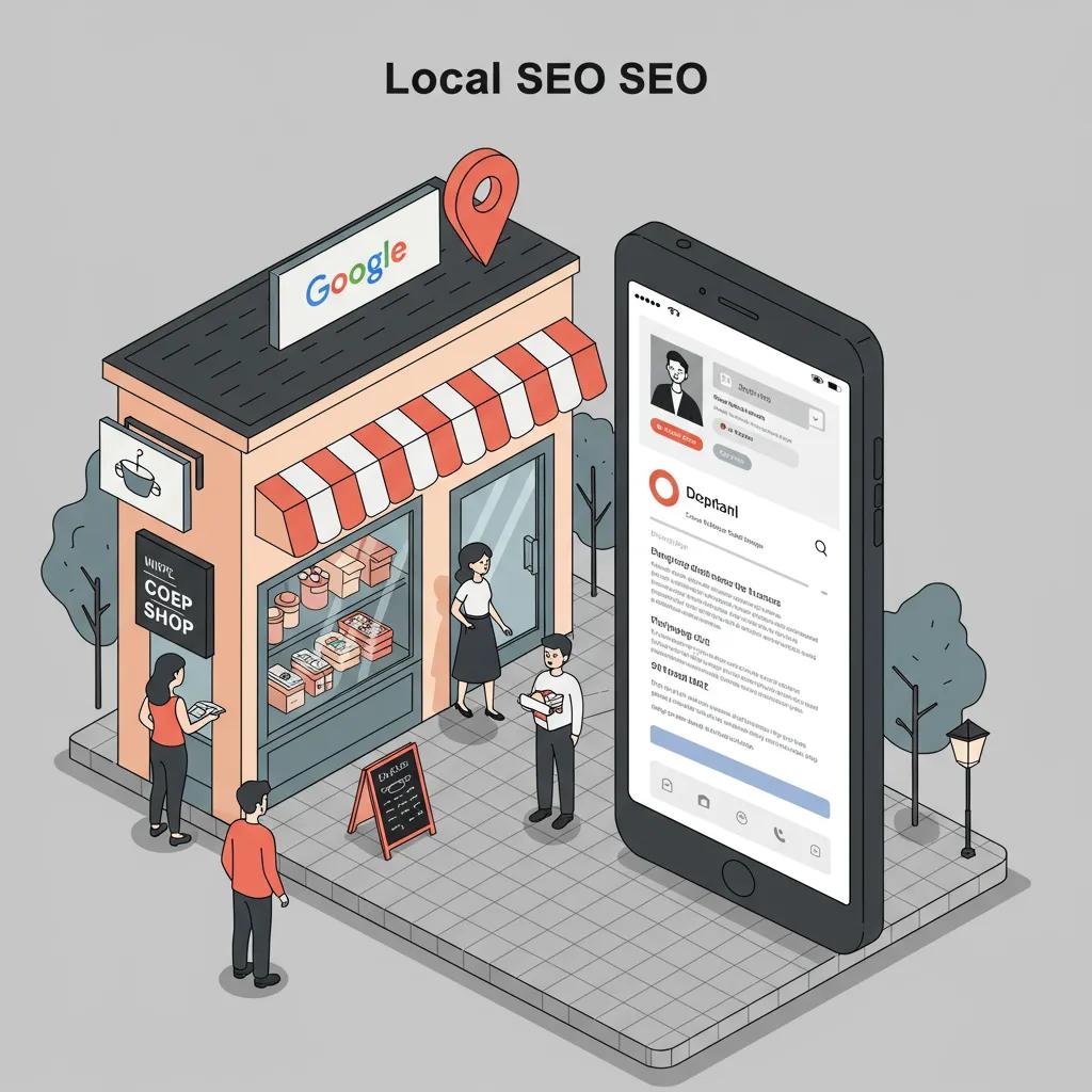 A local business storefront with a Google Maps pin icon and a smartphone displaying local SEO search results